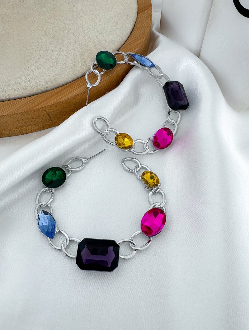 Brinco Folheado a Ouro 18k e Prata Argola Design Corrente com Chaton