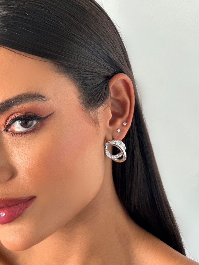 Brinco Folheado a Ouro 18k e Prata Argola Dois Fios com Detalhe Cravejado