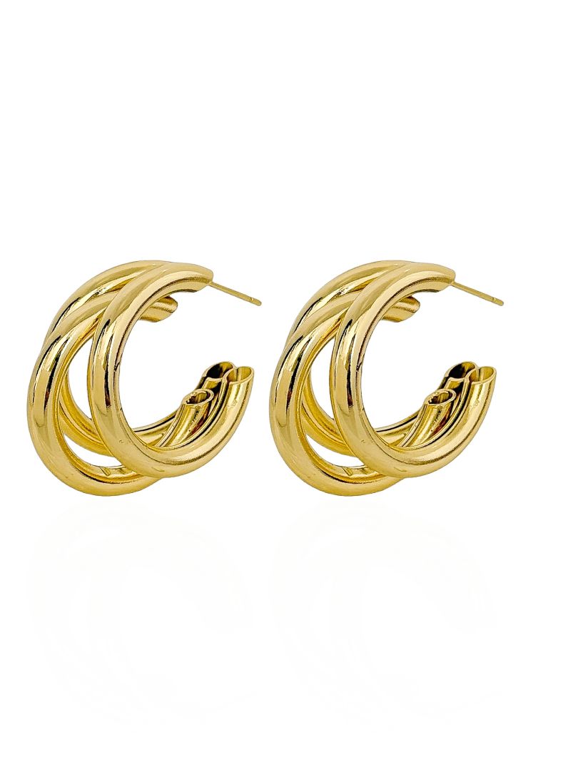 Brinco Folheado a Ouro 18k e Prata Argola Três Fios Lisos