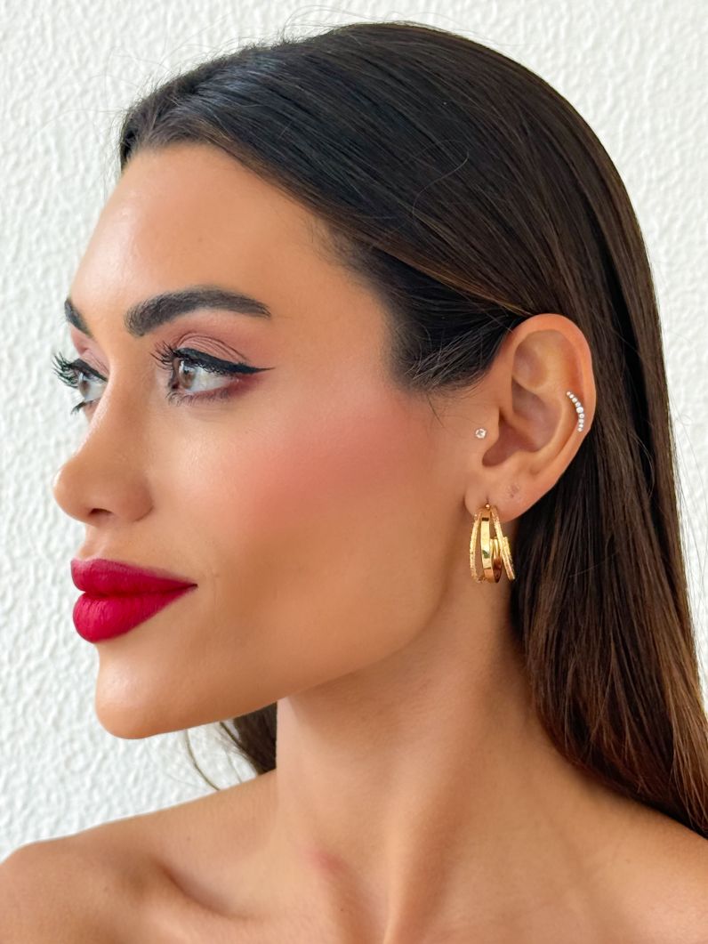 Brinco Folheado a Ouro 18k e Prata Argola Três Fios Texturizados