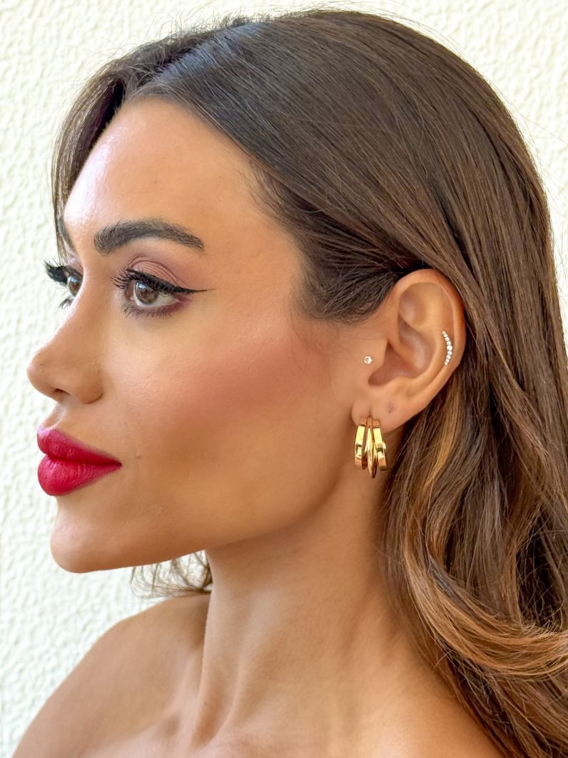 Brinco Folheado a Ouro 18k e Prata Argolas Três Fios Placa e Aro