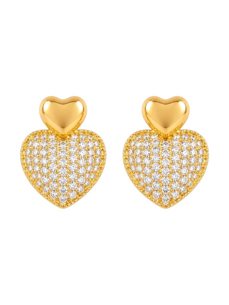 Brinco Folheado a Ouro 18k e Prata Coração Cravejado