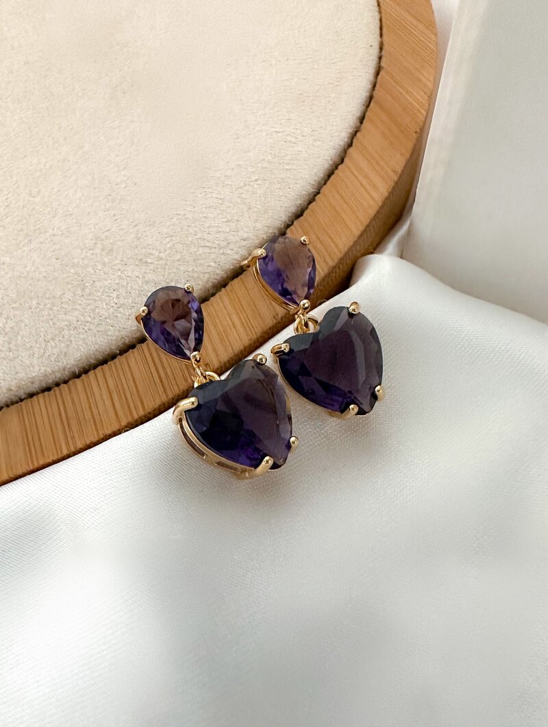 Brinco Folheado a Ouro 18k e Prata Coração e Gota de Zircônia