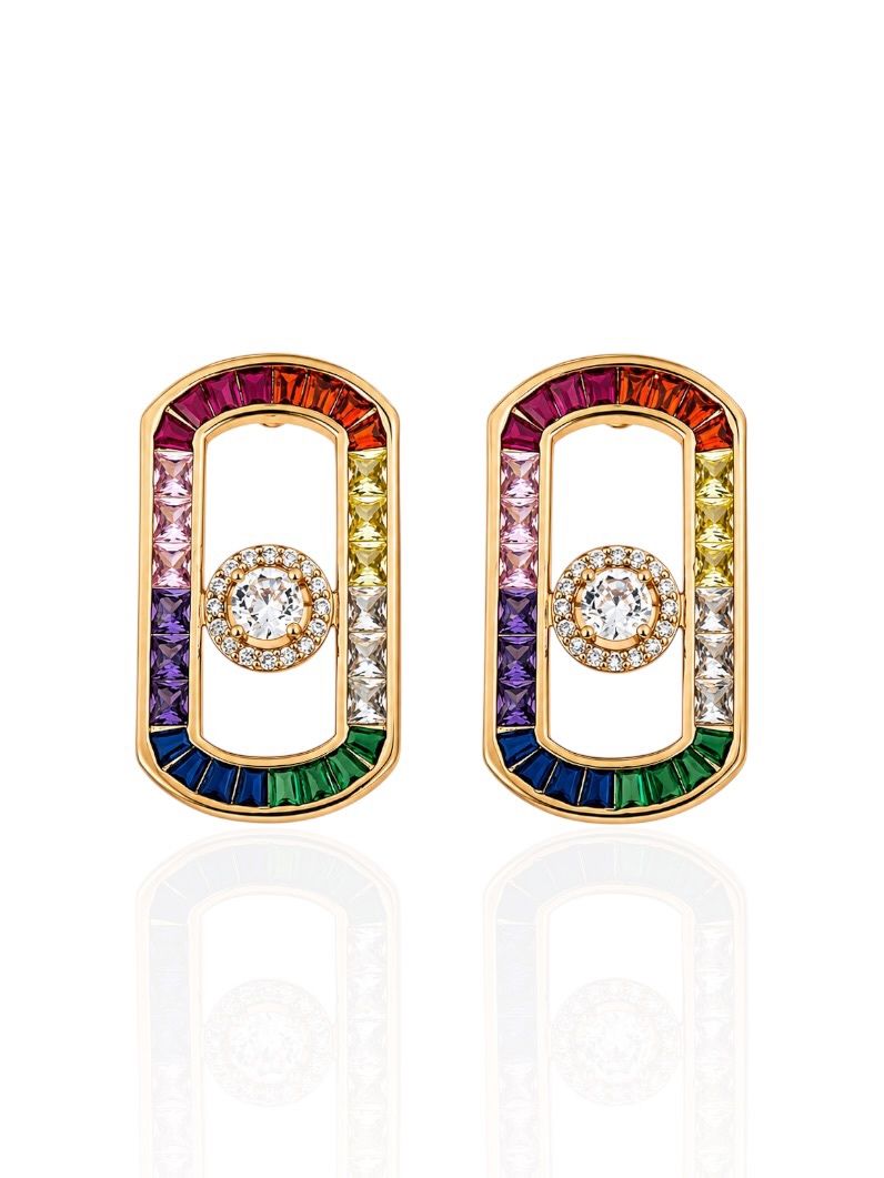 Brinco Folheado a Ouro 18k e Prata Cravejado Com Microzirconia Coloridos