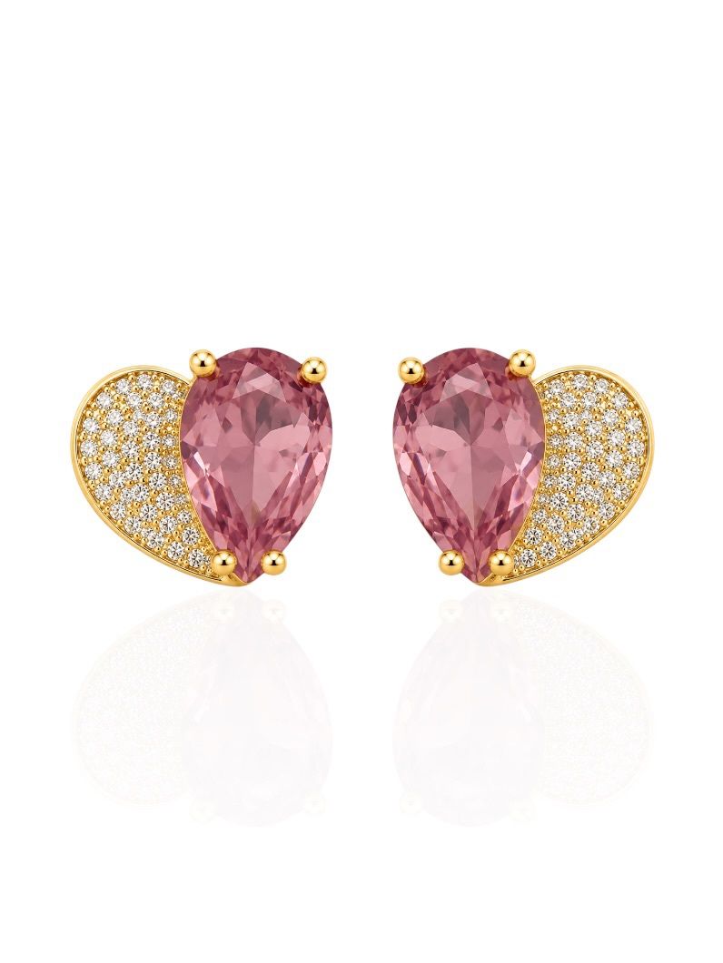 Brinco Folheado a Ouro 18k e Prata Cristal e Cravejado Design Coração