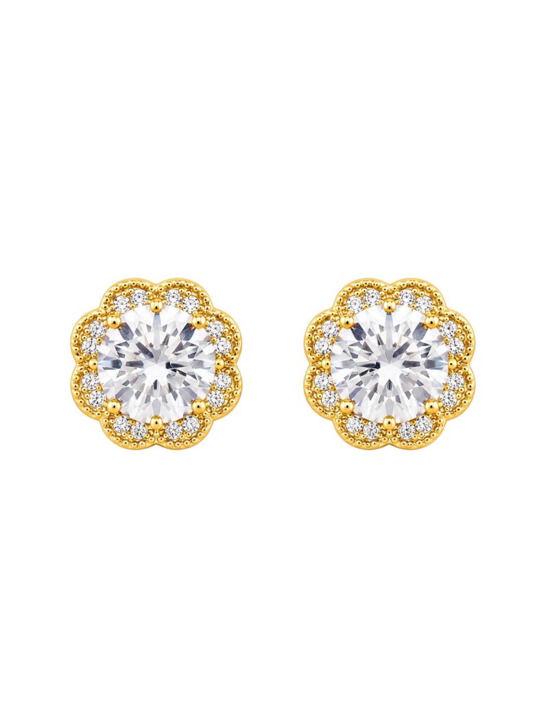 Brinco Folheado a Ouro 18k e Prata Design Flor Cravejado