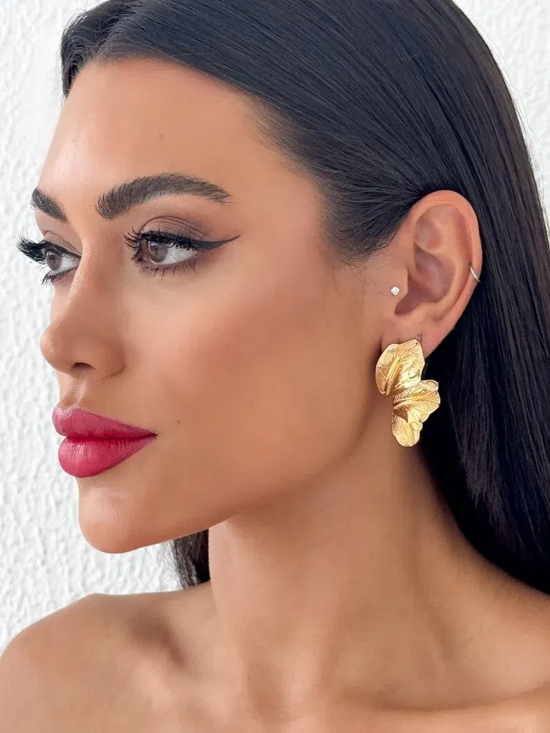 Brinco Folheado a Ouro 18k e Prata Design Folha Texturizada