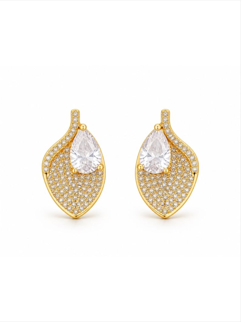 Brinco Folheado a Ouro 18k e Prata Design Folhas Cravejadas