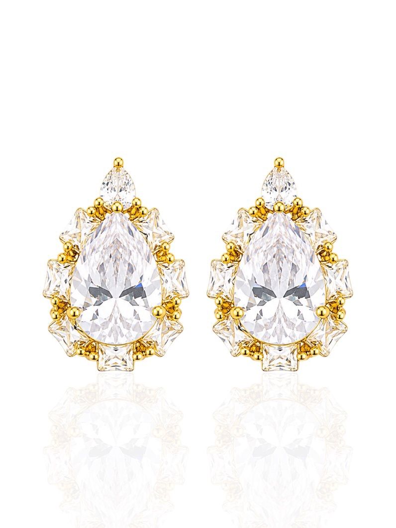 Brinco Folheado a Ouro 18k e Prata Design Gota Trabalhada em Zirconias