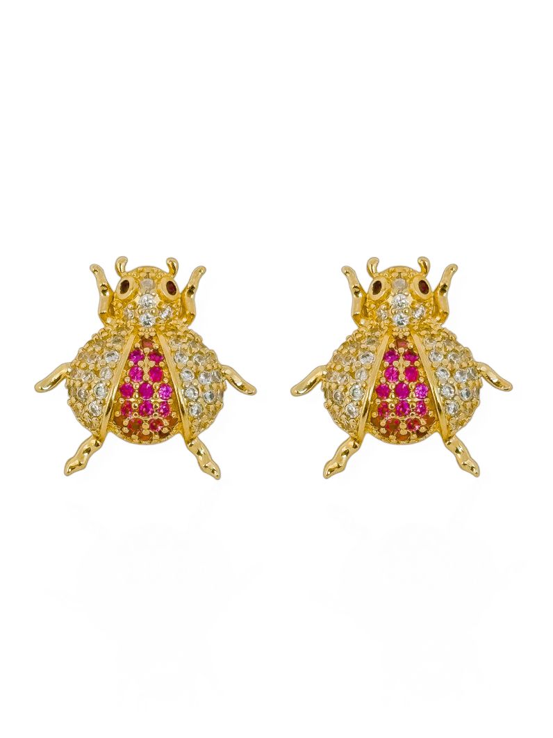 Brinco Folheado a Ouro 18k e Prata Design Joaninha Cravejada