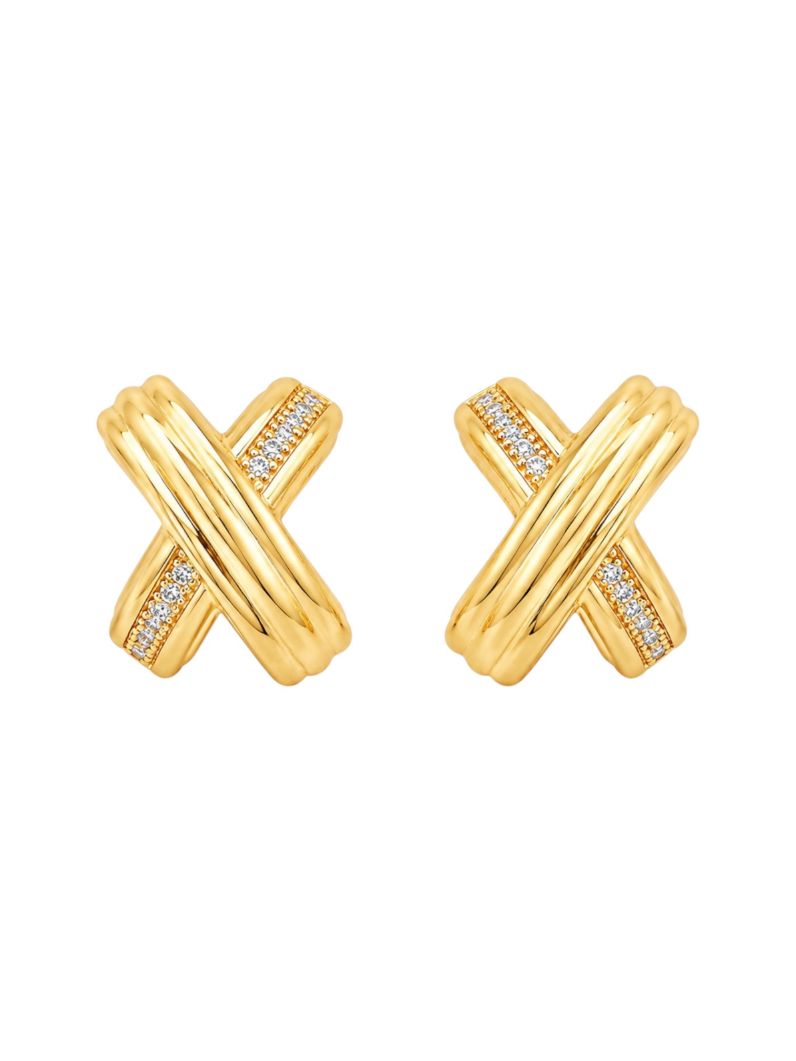 Brinco Folheado a Ouro 18k e Prata Design X Liso e Cravejado