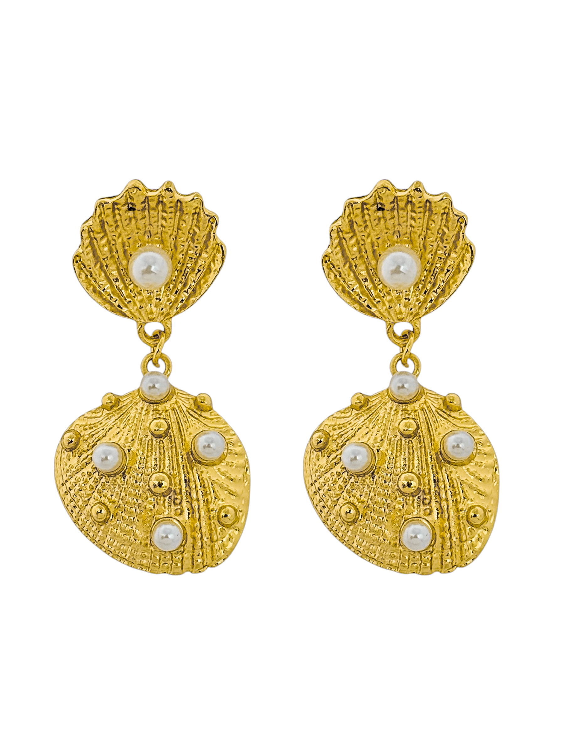 Brinco Folheado a Ouro 18k e Prata Duplo Concha Com Pérola