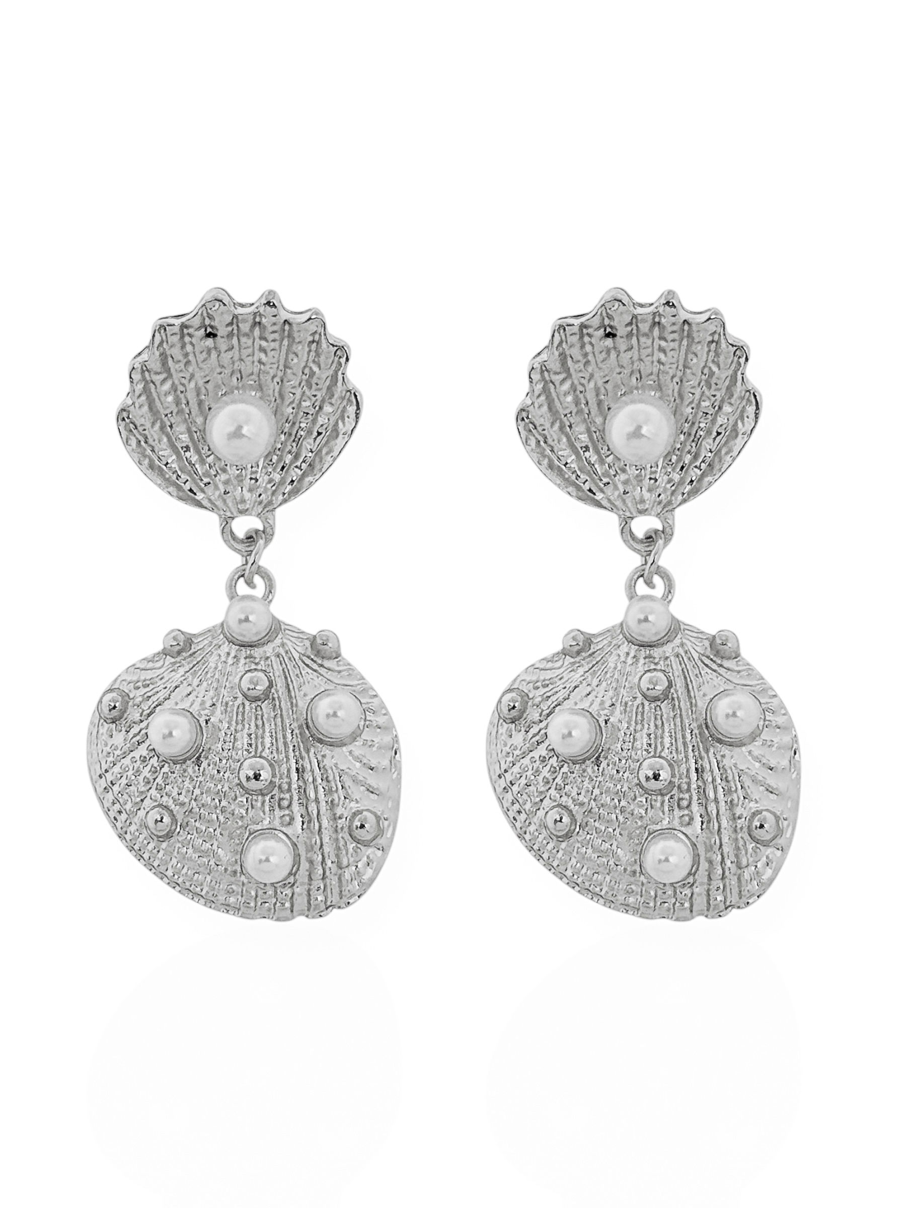 Brinco Folheado a Ouro 18k e Prata Duplo Concha Com Pérola