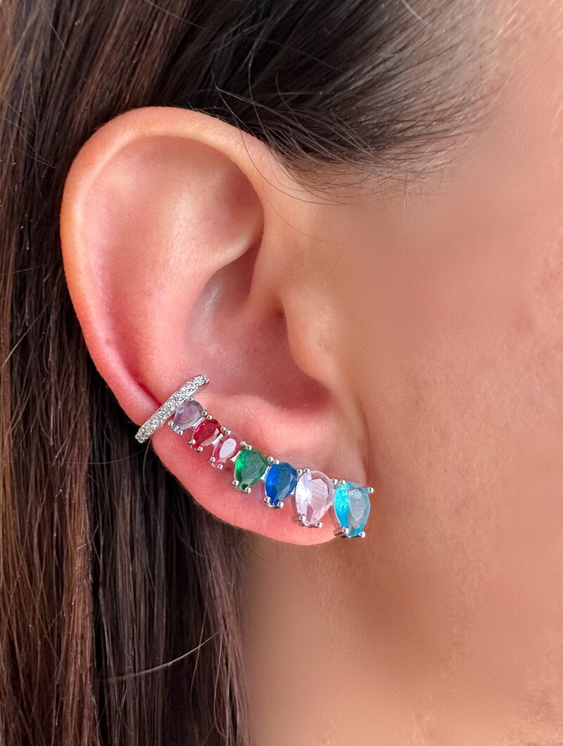 Brinco Folheado a Ouro 18k e Prata Ear Cuff com Zircônias Ovais Com Microzirconias