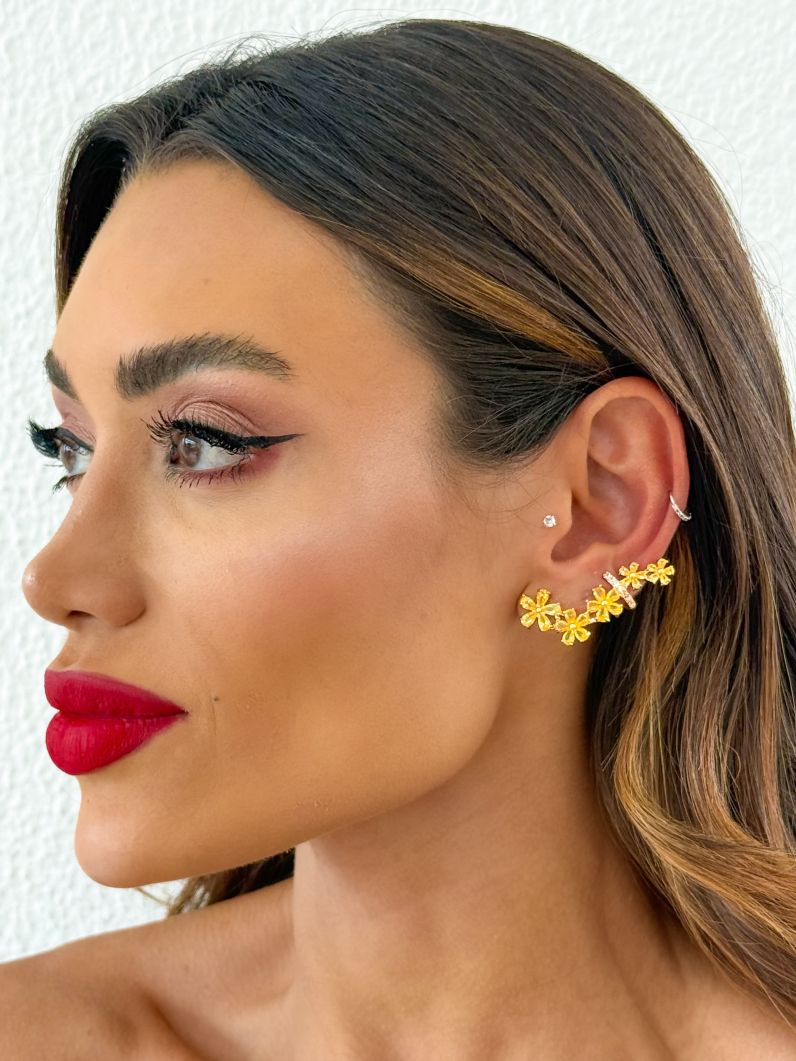 Brinco Folheado a Ouro 18k e Prata Ear Cuff Flor de Cristal