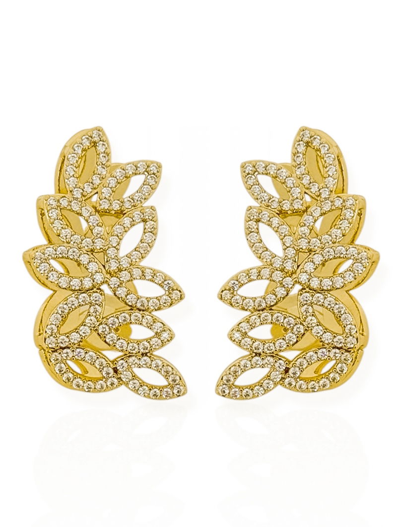 Brinco Folheado a Ouro 18k e Prata Ear hook Floral Cravejado