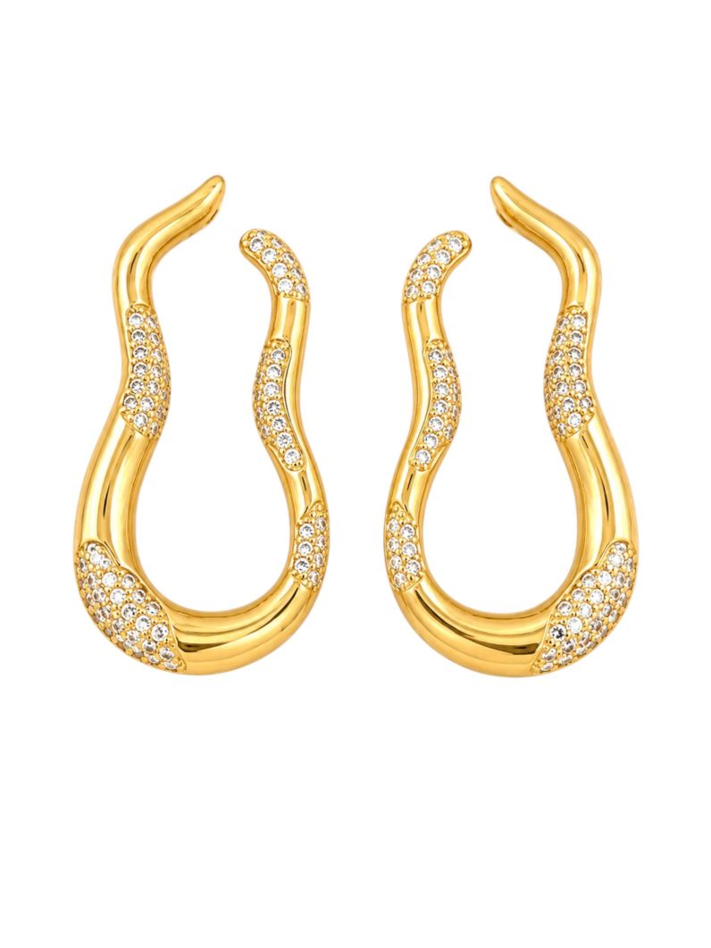 Brinco Folheado a Ouro 18k e Prata Fio Ondulado e Cravejado