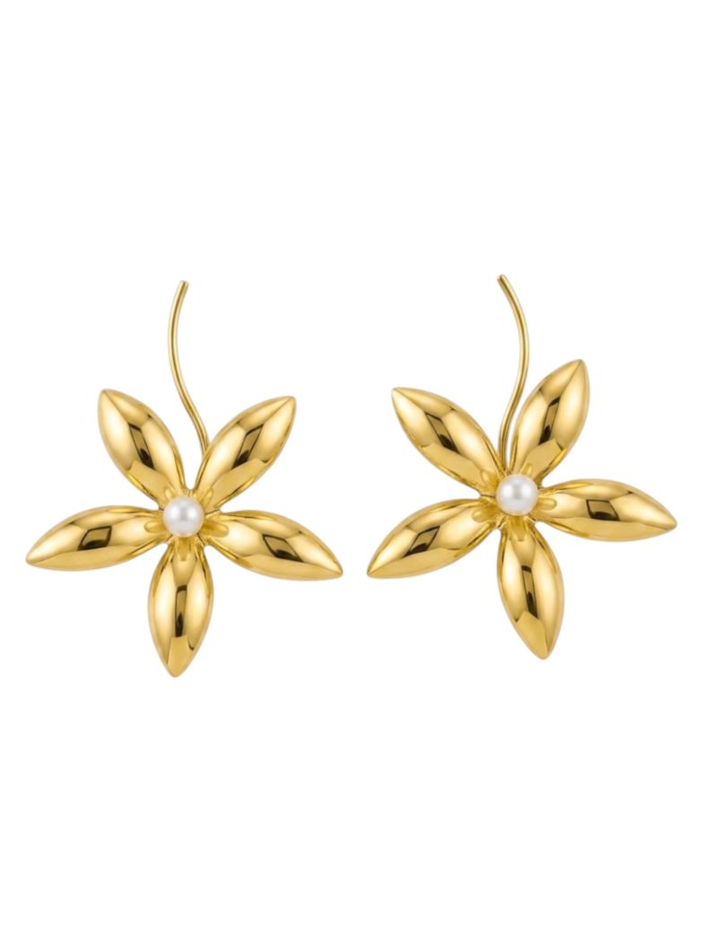 Brinco Folheado a Ouro 18k e Prata Flor Lisa com Perola