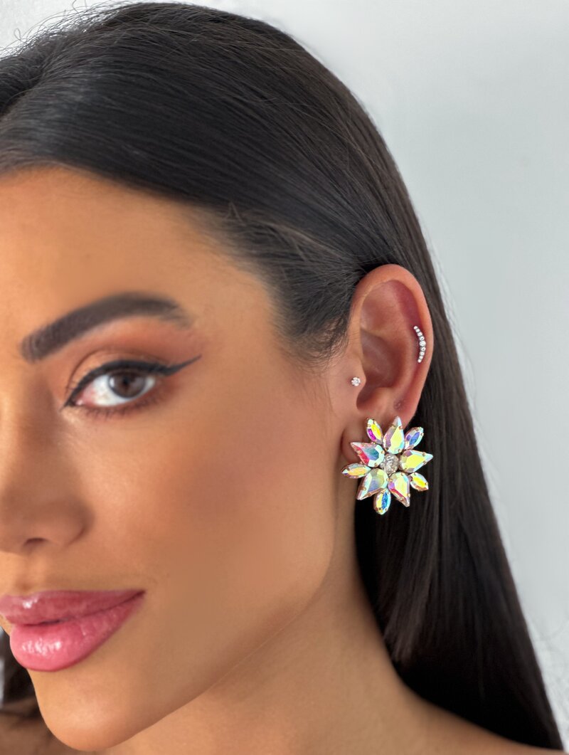 Brinco Folheado a Ouro 18k e Prata Flor Pedraria Dez Pétalas