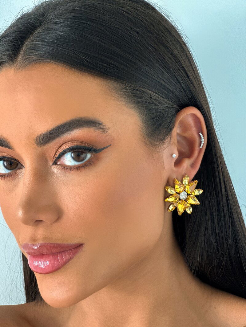 Brinco Folheado a Ouro 18k e Prata Flor Pedraria Dez Pétalas