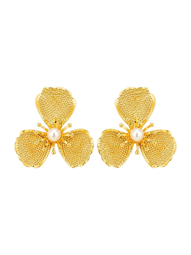 Brinco Folheado a Ouro 18k e Prata Flor Texturizada com Perola