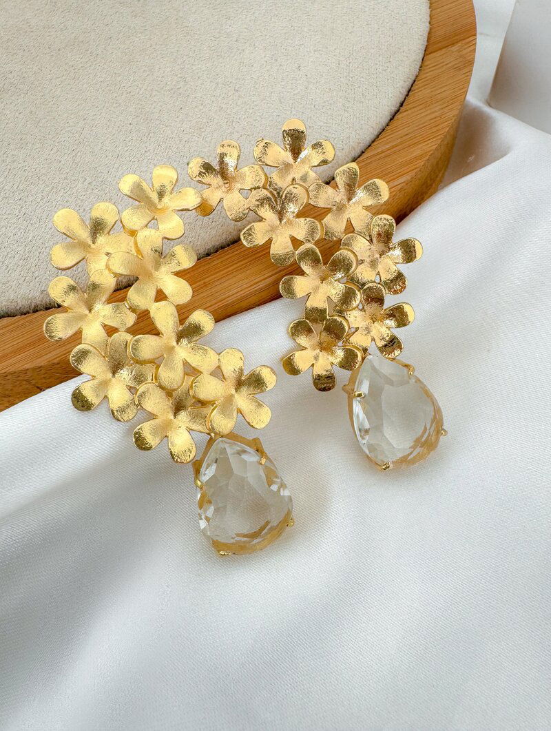 Brinco Folheado a Ouro 18k e Prata Floral com Gota de Chaton