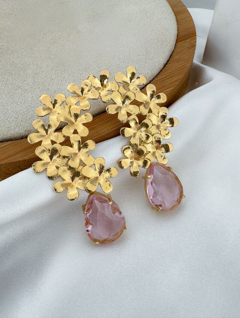 Brinco Folheado a Ouro 18k e Prata Floral com Gota de Chaton