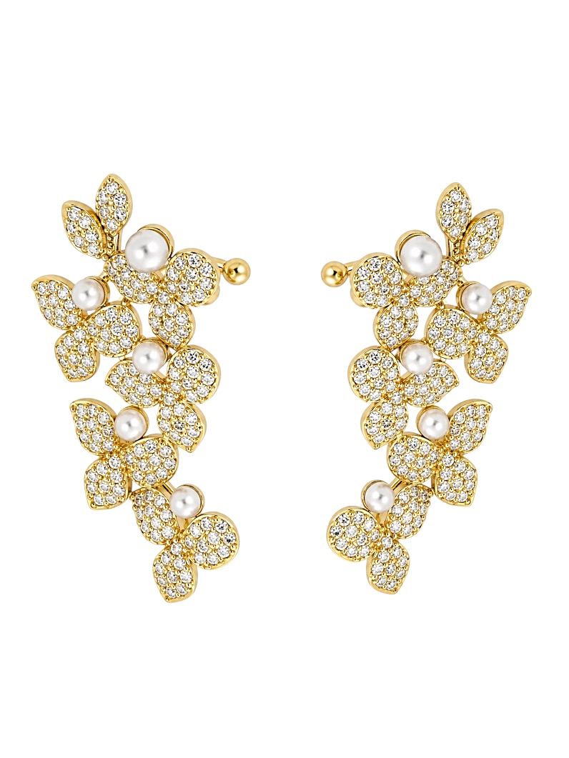 Brinco Folheado a Ouro 18k e Prata Folhas e Perolas