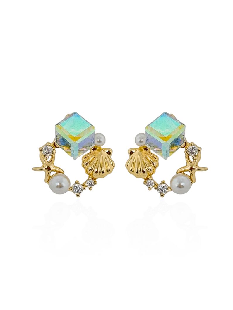 Brinco Folheado a Ouro 18k e Prata Fundo do Mar Com Cristal