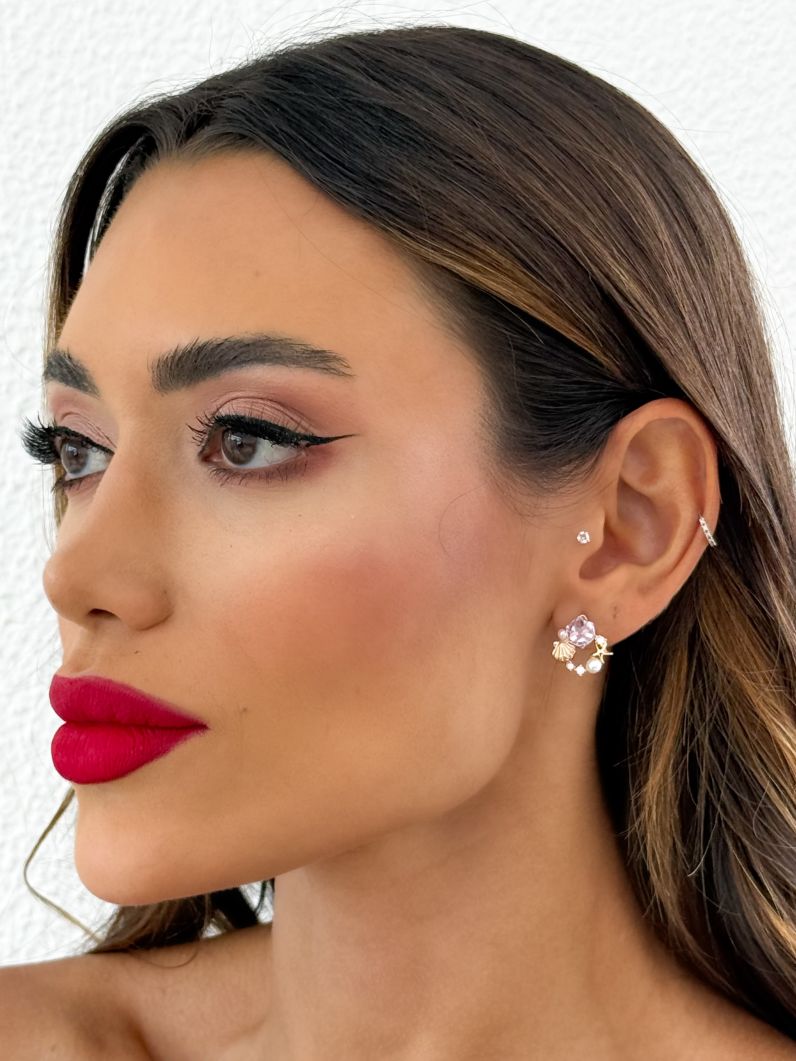 Brinco Folheado a Ouro 18k e Prata Fundo do Mar Com Cristal