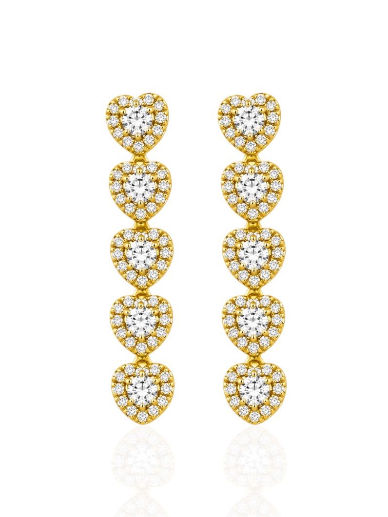 Brinco Folheado a Ouro 18k e Prata Longo Com Corações Micro Zirconia