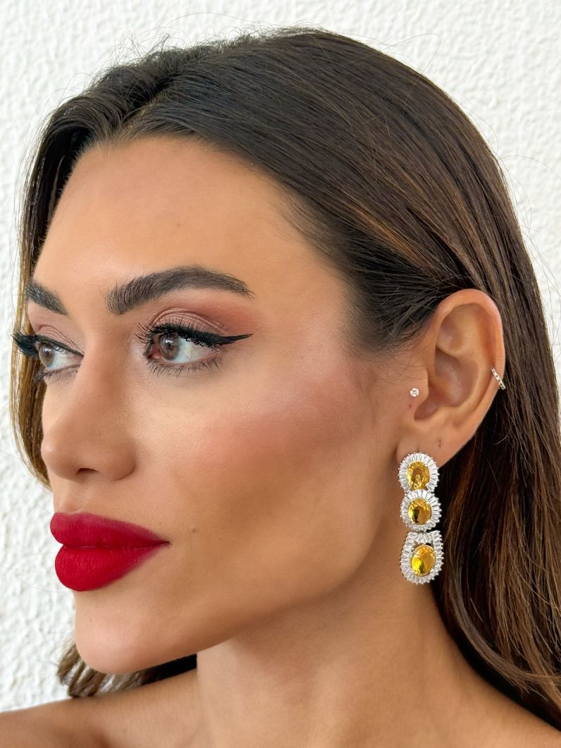 Brinco Folheado a Ouro 18k e Prata Longo Cristal Colorido Com Navetes