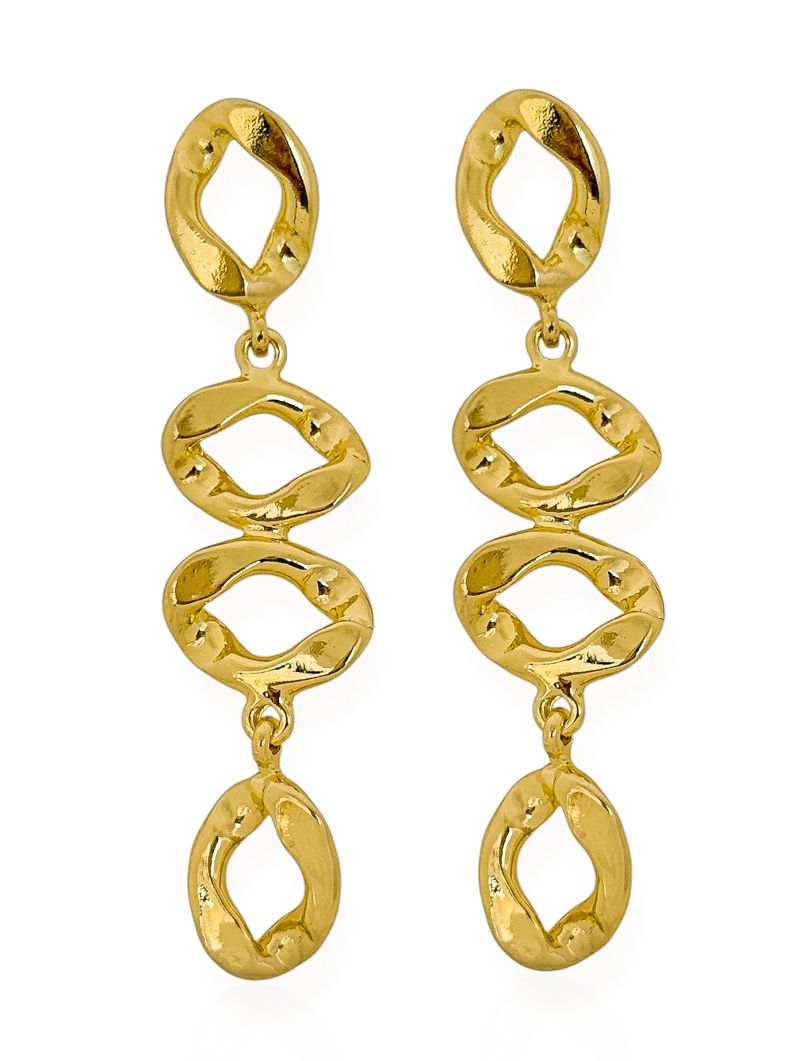 Brinco Folheado a Ouro 18k e Prata Longo Vazado Martelado
