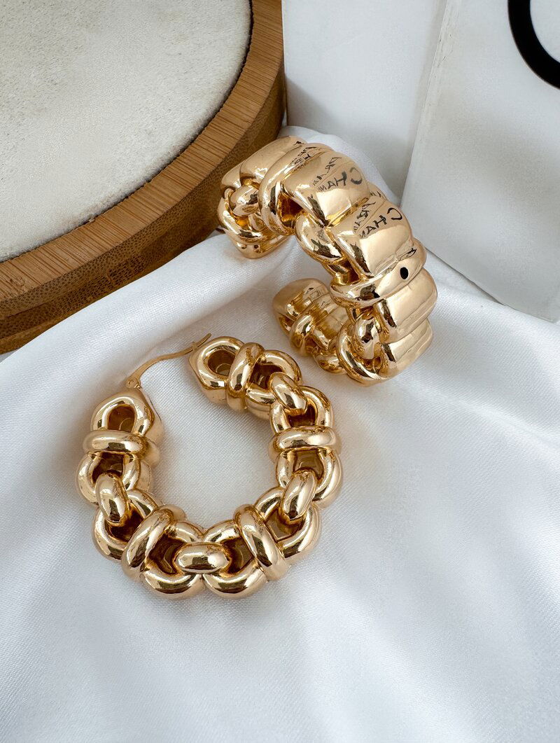 Brinco Folheado a Ouro 18k e Prata Maxi Argola Design Corrente