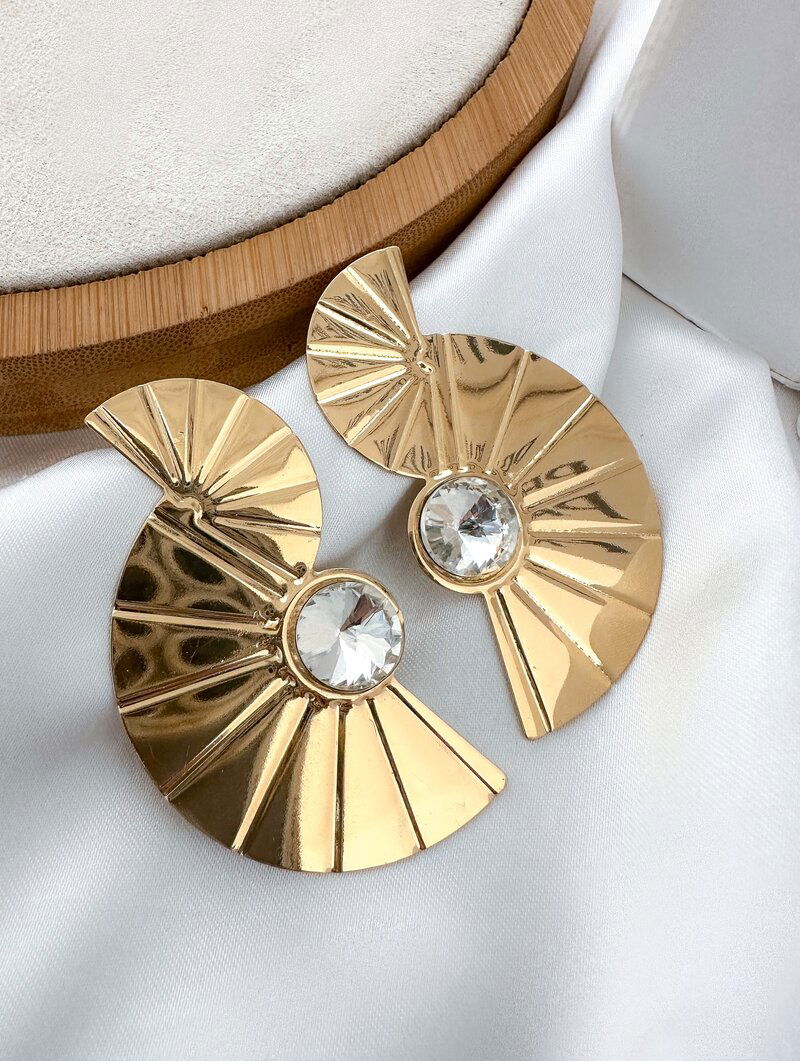 Brinco Folheado a Ouro 18k e Prata Maxi Leque Duplo com Zircônia