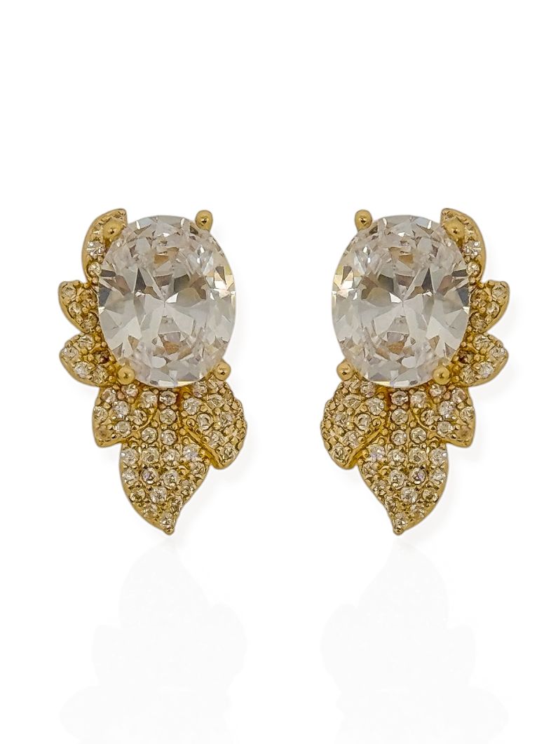 Brinco Folheado a Ouro 18k e Prata Oval de Cristal Design Cravejado
