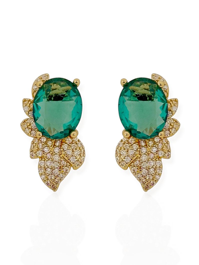 Brinco Folheado a Ouro 18k e Prata Oval de Cristal Design Cravejado