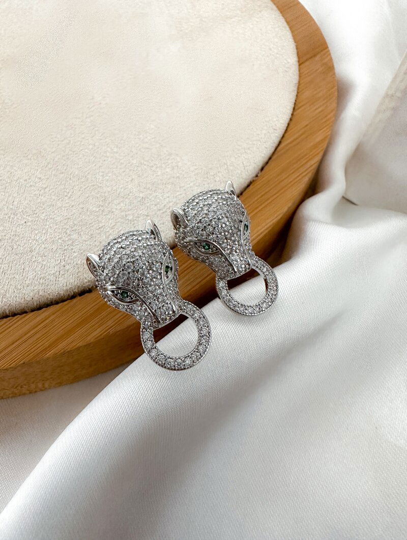 Brinco Folheado a Ouro 18k e Prata Pantera Cravejada