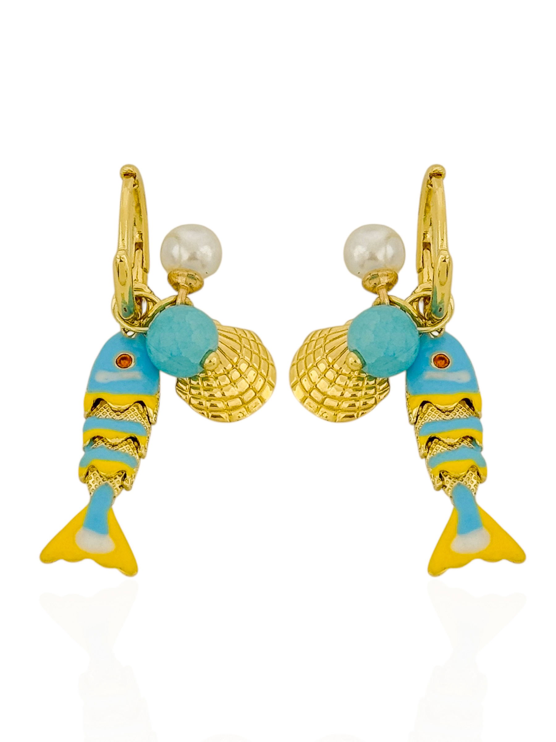 Brinco Folheado a Ouro 18k e Prata Peixe Concha e Perolas