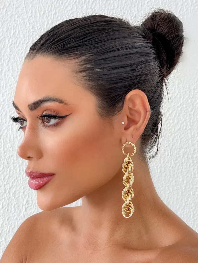 Brinco Folheado a Ouro 18k e Prata Ponteira Argola com Cordão Baiano Longo