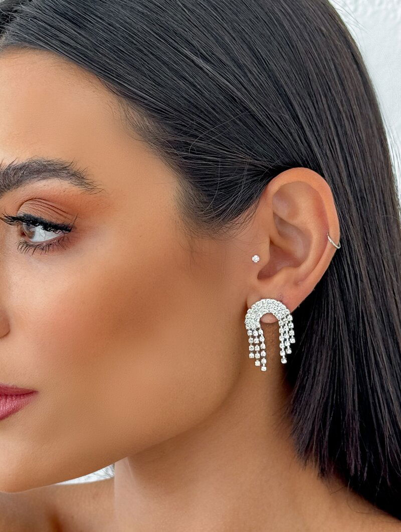 Brinco Folheado a Ouro 18k e Prata Ponteira com Franja de Micro Zircônias