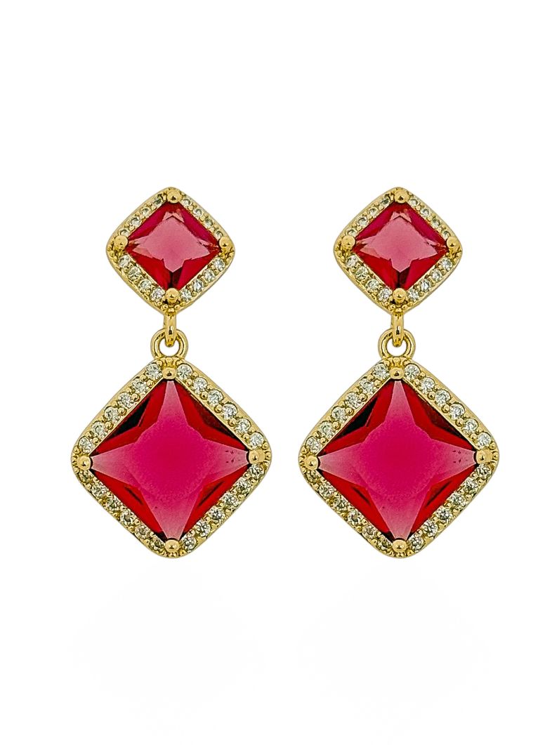Brinco Folheado a Ouro 18k e Prata Ponteira Cristal Colorido Com Borda Cravejada