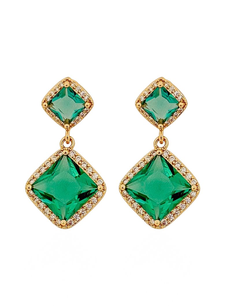 Brinco Folheado a Ouro 18k e Prata Ponteira Cristal Colorido Com Borda Cravejada