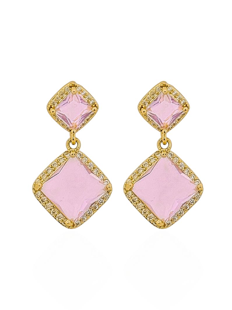 Brinco Folheado a Ouro 18k e Prata Ponteira Cristal Colorido Com Borda Cravejada