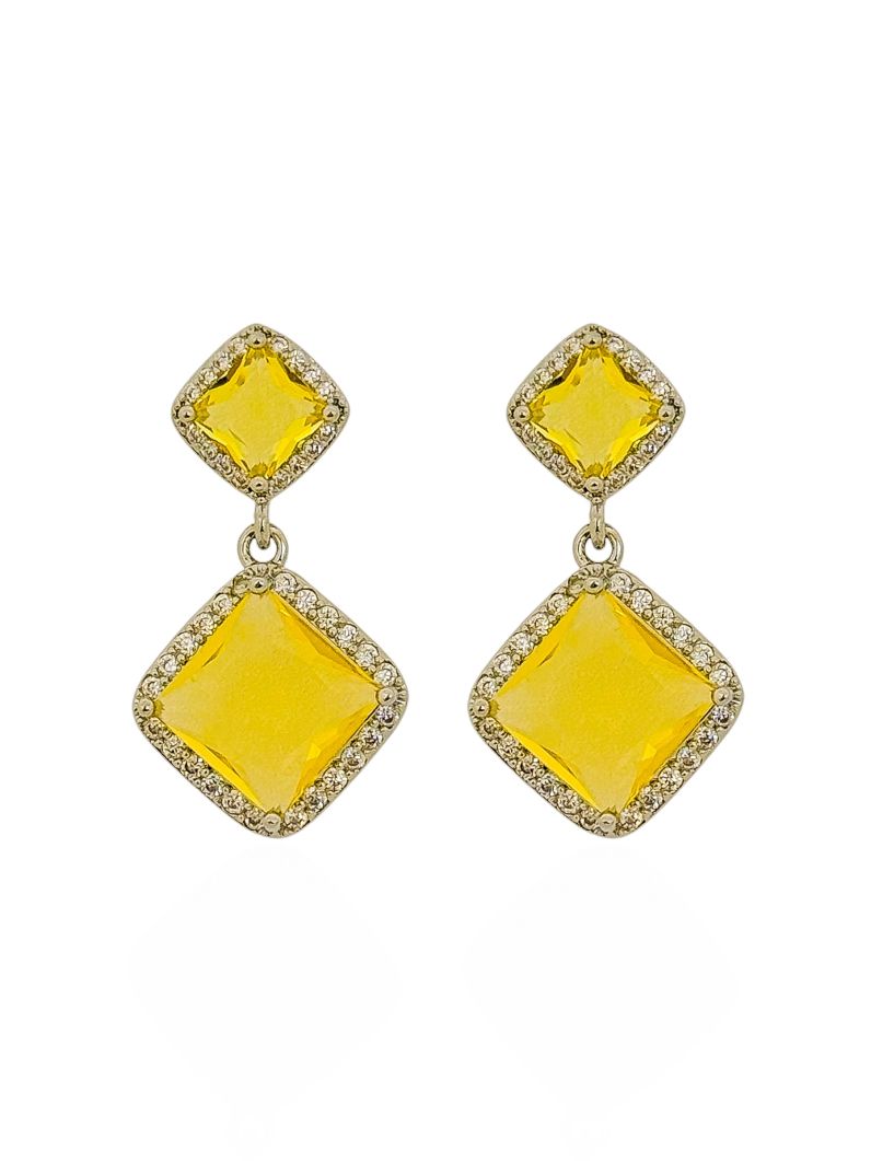 Brinco Folheado a Ouro 18k e Prata Ponteira Cristal Colorido Com Borda Cravejada