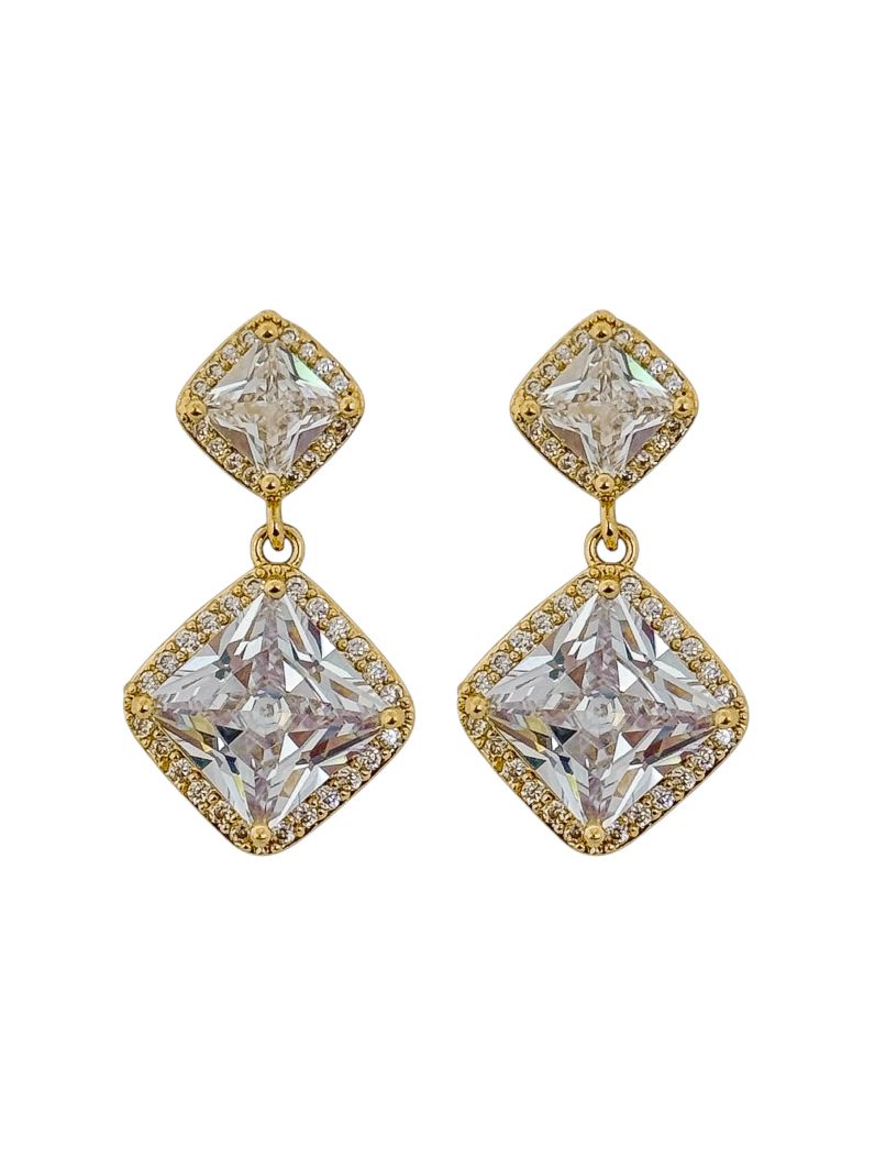 Brinco Folheado a Ouro 18k e Prata Quadrado Duplo de Cristal