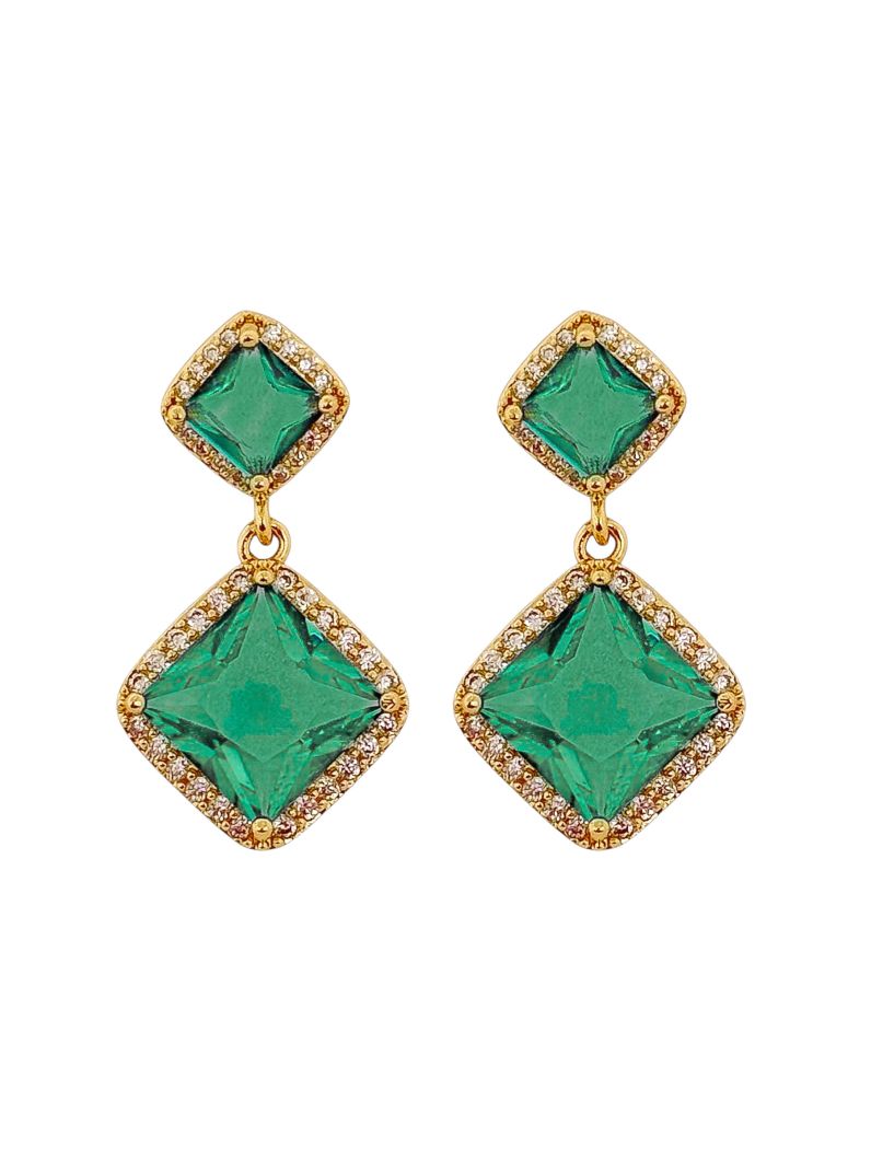 Brinco Folheado a Ouro 18k e Prata Quadrado Duplo de Cristal