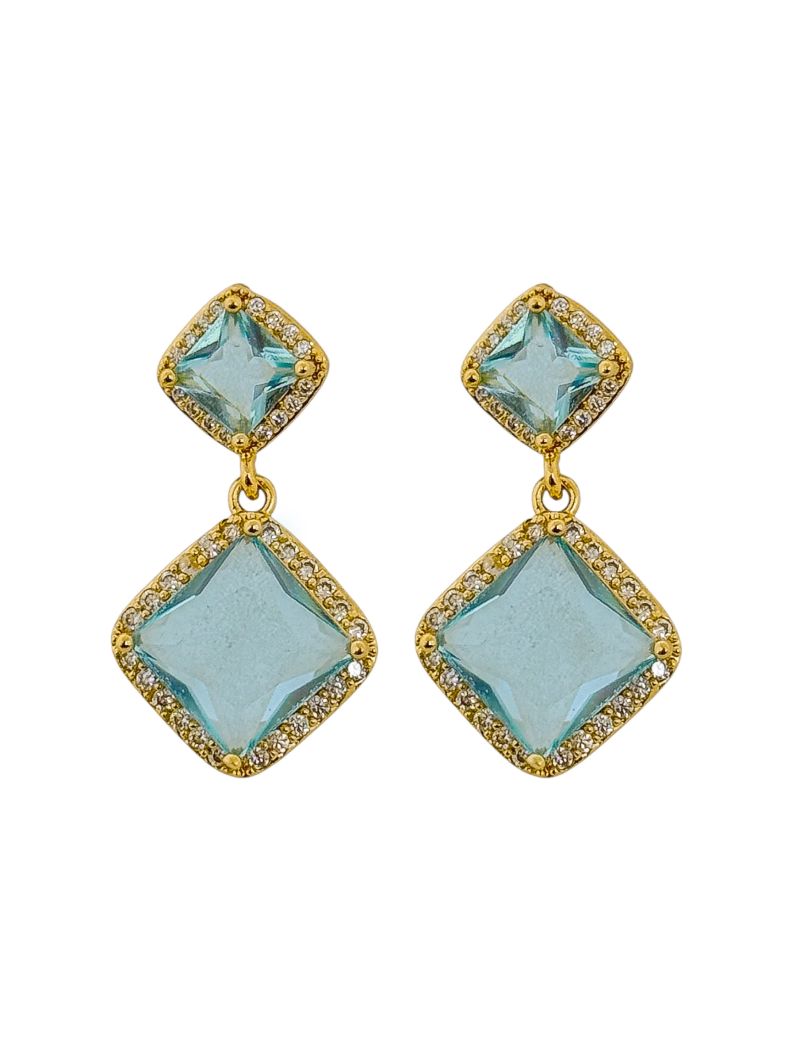 Brinco Folheado a Ouro 18k e Prata Quadrado Duplo de Cristal