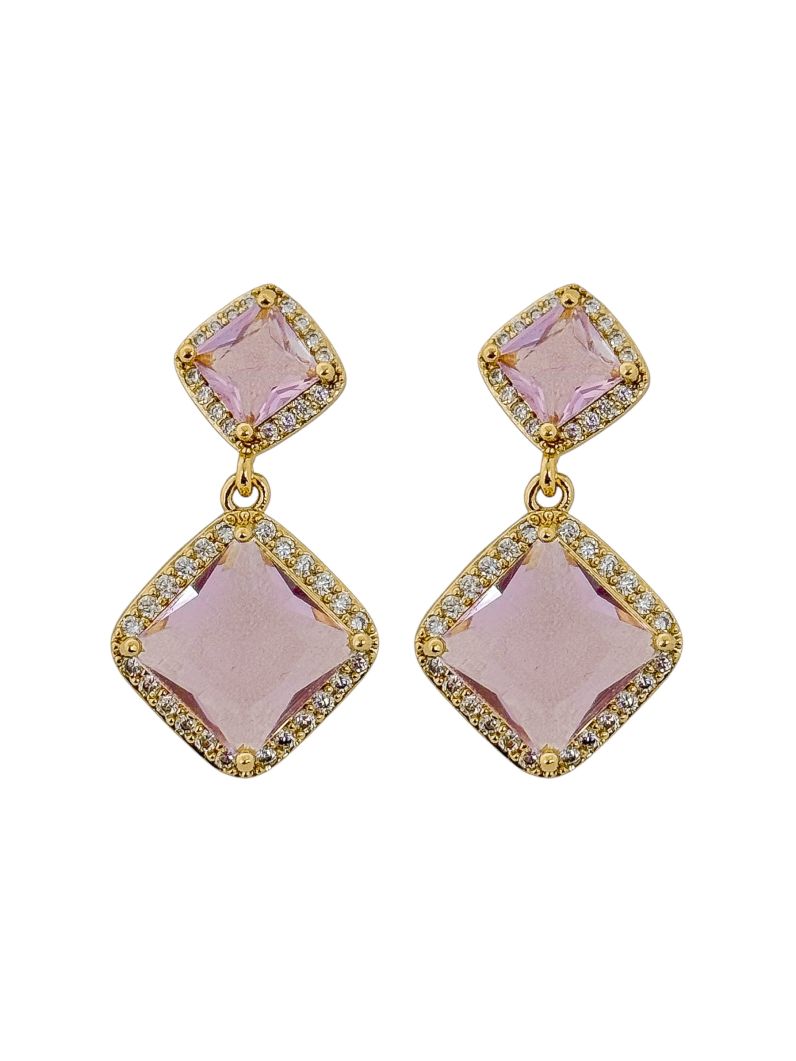 Brinco Folheado a Ouro 18k e Prata Quadrado Duplo de Cristal