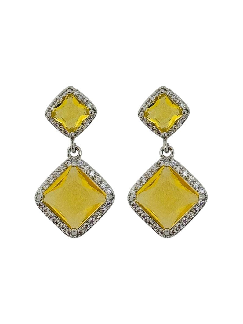 Brinco Folheado a Ouro 18k e Prata Quadrado Duplo de Cristal